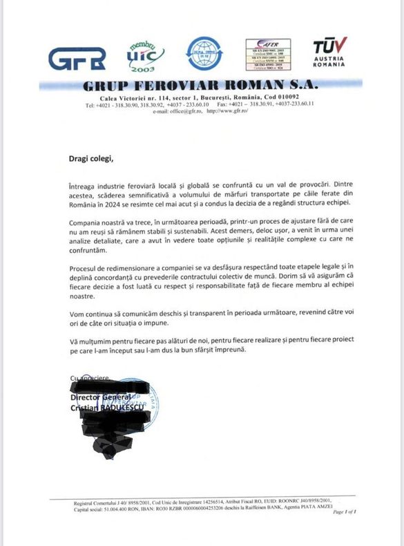 DOCUMENT Mesaj intern - Redimensionare de personal pregătită la GFR