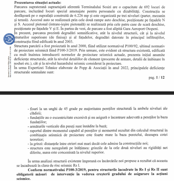 DOCUMENT Două oferte pentru reducerea riscului seismic al parcării Aeroportului Otopeni. Buget - peste 32 milioane lei