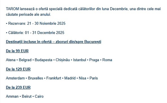 TAROM vine cu o ofertă specială de Sărbători FOTO