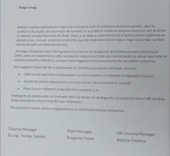 ULTIMA ORĂ Concedieri în România. ITM Arad anunță oficial - Leoni vrea să concedieze peste 460 de salariați 