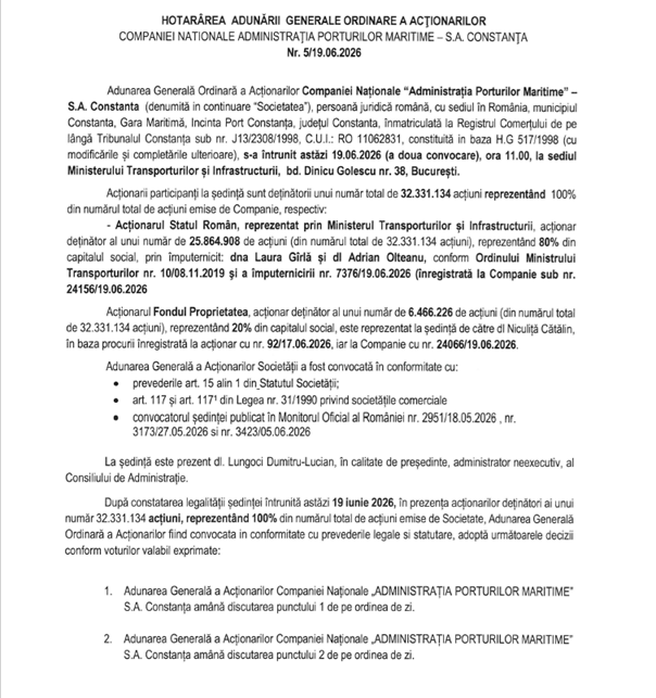 DOCUMENT Amânare la Constanța. Ministerul Transporturilor și Fondul Proprietatea au amânat discuția pentru încasarea a peste 105 milioane de lei de la Administrația Porturilor Maritime Constanța