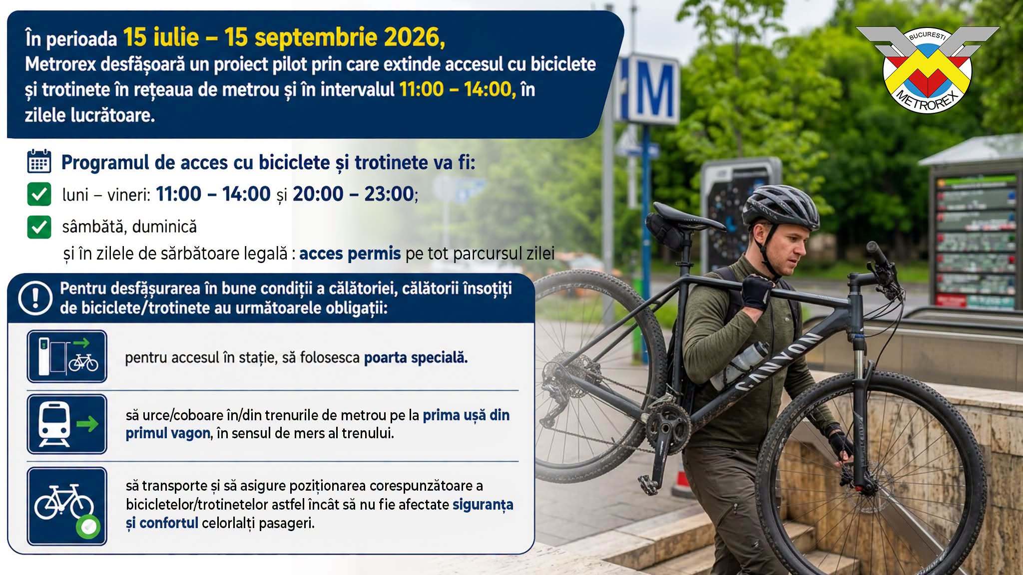 Metrorex extinde orele de acces la metrou cu biciclete și trotinete