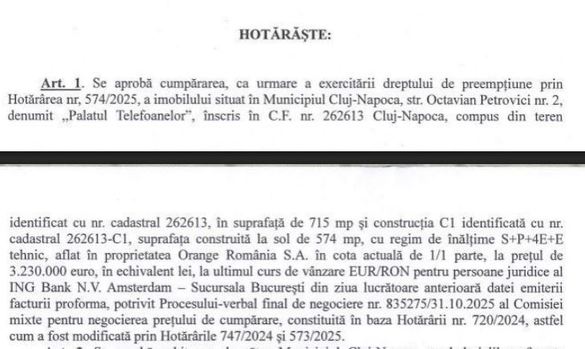 Palatul Telefoanelor din Cluj-Napoca, cumpărat de Primărie cu 3,2 milioane de euro DOCUMENT