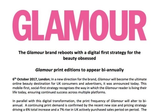 Revista Glamour, ediția britanică, rămâne online și va apărea în print de două ori pe an