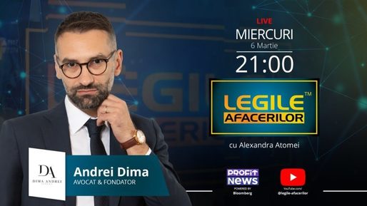 Andrei Dima, Founder Dima Andrei & Asociații, invitat în emisiunea Legile Afacerilor din această seară, live, pe PROFIT NEWS, începând cu ora 21:00