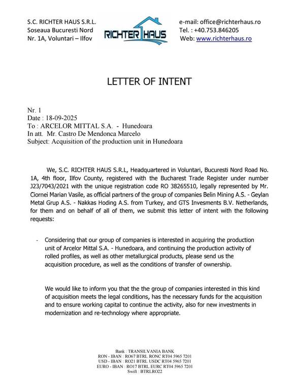ULTIMA ORĂ DOCUMENT Ofertă de salvare a ArcelorMittal Hunedoara. Grup de mari investitori turci a depus scrisoare pentru a cumpăra uzina, după anunțul de închidere. Autoritățile reclamă că ArcelorMittal nu i-a primit