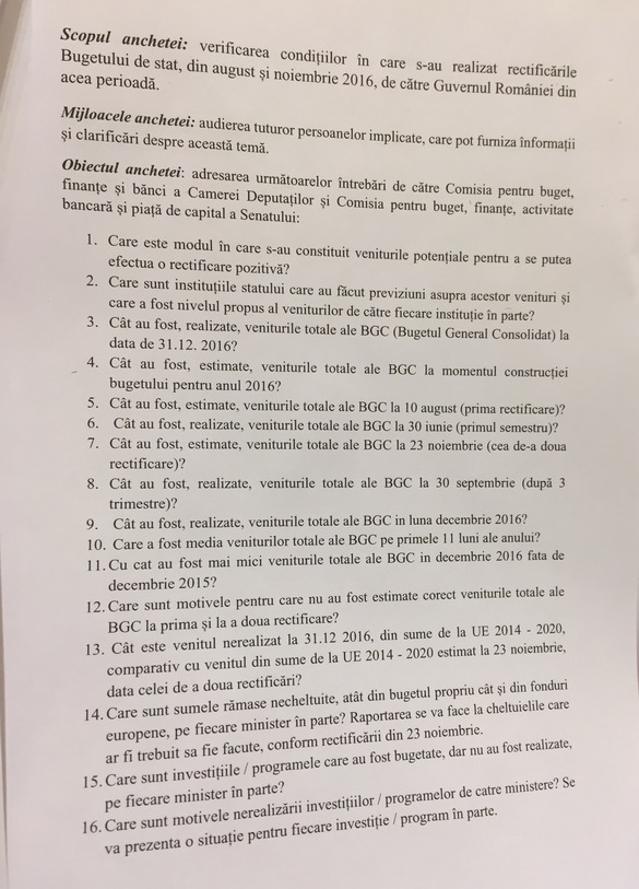 DOCUMENT 17 întrebări pregătite de Dragnea lui Cioloș privind veniturile la buget