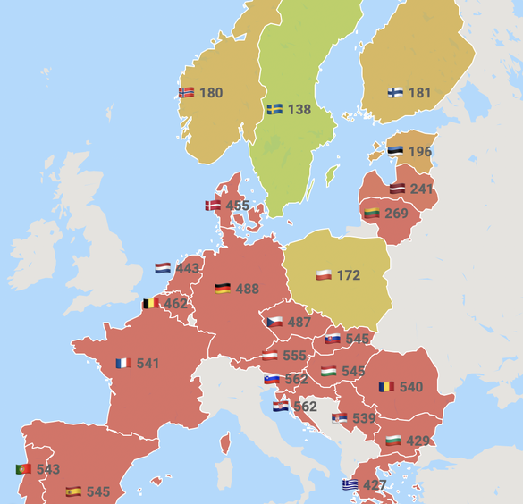 Prețul pentru electricitatea cu livrare în ziua de marți în întreaga Europă (Sursa: euenergy.live)