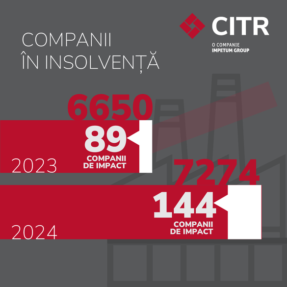CITR: În 2024, numărul insolvențelor a revenit la nivelul de dinaintea pandemiei. Numărul companiilor de impact intrate în insolvență în 2024 ajunge la 141, o creștere de 58% față de 2023