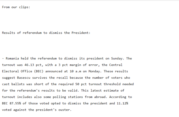 WikiLeaks – Gitenstein către Podesta, despre referendumul de demitere a lui Băsescu din 2012: 