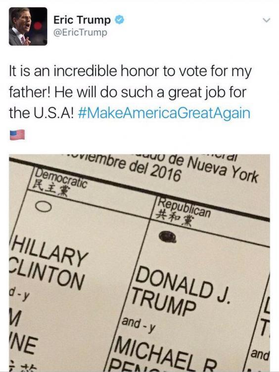 FOTO Alegeri SUA: Fiul lui Donald Trump a încălcat legea, distribuind o fotografie cu buletinul de vot completat