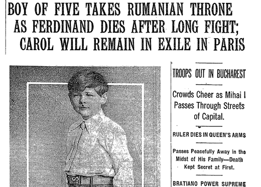 FOTO ARHIVĂ Rememorare istorică prin lentila presei americane. Monarh la 5 ani: prima încoronare a regelui Mihai, de după moartea bunicului său Ferdinand. VIDEO Ultimul discurs al Regelui: România - țară luată cu împrumut de la copii
