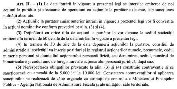 Senatul a respins proiectul care interzice emiterea și efectuarea de operațiuni cu acțiuni la purtător