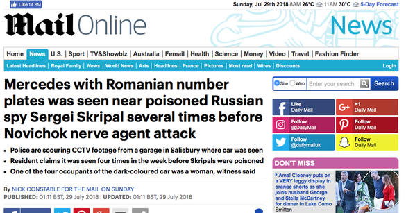 Daily Mail: Un Mercedes cu numere de înmatriculare românești a fost văzut în apropierea casei fostului spion rus Serghei Skripal de câteva ori în săptămâna premergătoare otrăvirii sale