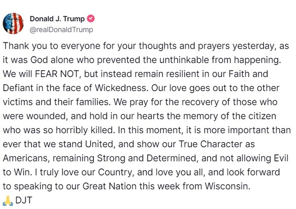 FOTO Donald Trump, mesaj după atentat: Numai Dumnezeu a fost cel care a împiedicat să se întâmple inimaginabilul. Nu ne vom TEME