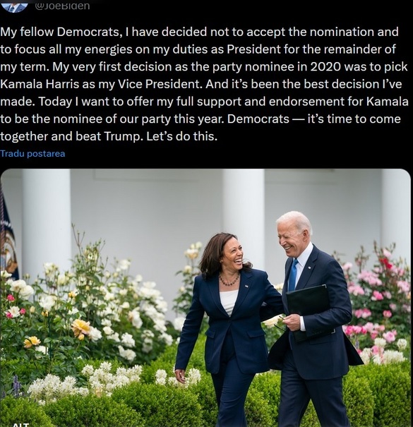 FOTO Biden anunță că susține candidatura vicepreședintei sale Kamala Harris după ce s-a retras din cursa pentru un nou mandat la Casa Albă