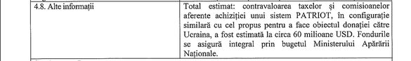 DOCUMENT România se pregătește să doneze Ucrainei un sistem Patriot. Îl vom înlocui ″în principal cu fonduri externe nerambursabile″, dar tot vom plăti taxe de zeci de milioane de dolari