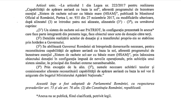 DOCUMENT Guvernul a trimis în Parlament proiectul legii în baza căreia România va dona Ucrainei un sistem de apărare aeriană Patriot