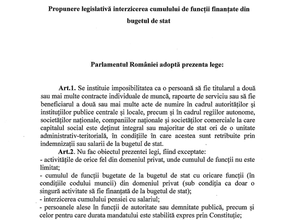 DOCUMENT Proiect de interzicere a cumulului de joburi plătite de la bugetul stat. Listă lungă de excepții