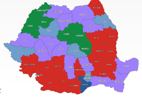 HARTĂ Cum arată votul la prezidențiale în România: Călin Georgescu a câștigat în 13 județe, Elena Lasconi în cinci și Capitală. Candidatul PSD, voturi în Moldova și sud. Ciucă a câștigat doar în Giurgiu