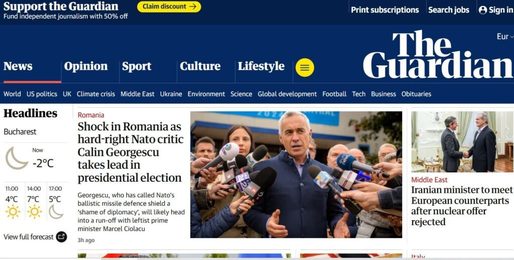 Călin Georgescu, subiectul principal al dimineții în ziarul britanic The Guardian cu titlul ”Șoc în România: Călin Georgescu, criticul de extremă-dreapta al NATO, preia conducerea în alegerile prezidențiale”