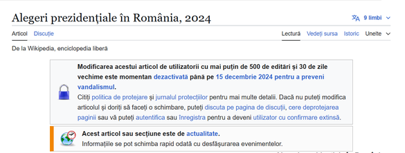 FOTO Wikipedia a restricționat editarea paginii ″Alegeri prezidențiale în România, 2024″