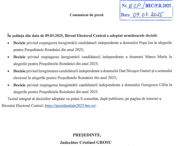 ULTIMA ORĂ BEC a respins candidatura lui Călin Georgescu la prezidențiale