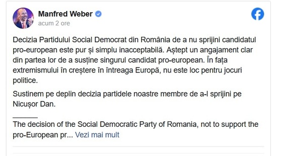 FOTO Grupul PPE condamnă decizia PSD de a nu-l sprijini pe Nicușor Dan. Mesajul lui Manfred Weber