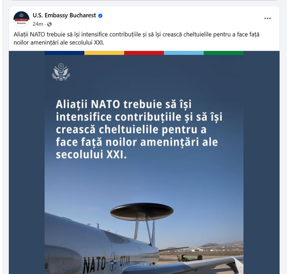FOTO Mesaj al Ambasadei SUA în România pentru majorarea cheltuielilor militare
