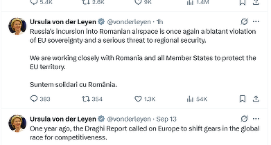 Ursula von der Leyen: Incursiunea Rusiei în spațiul aerian al României este o încălcare flagrantă a suveranității UE 