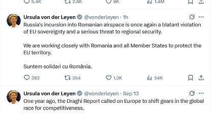 Ursula von der Leyen: Incursiunea Rusiei în spațiul aerian al României este o încălcare flagrantă a suveranității UE 