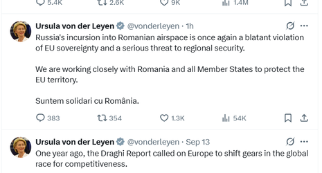 Ursula von der Leyen: Incursiunea Rusiei în spațiul aerian al României este o încălcare flagrantă a suveranității UE 