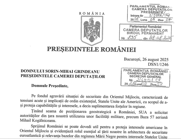 DOCUMENT Americanii au cerut suplimentarea forțelor de la Kogălniceanu, aprobată de președintele Nicușor Dan, pentru protejarea intereselor lor din Orientul Mijlociu
