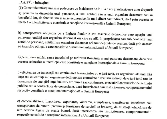 DOCUMENT Încălcarea sancțiunilor economice impuse de UE devine infracțiune în România. Se va pedepsi cu până la 12 ani de închisoare sau sute de mii lei pe zi amendă