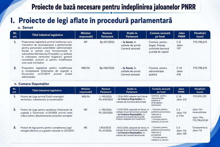 DOCUMENT Bolojan anunță: De 8 proiecte de legi pentru PNRR, care trebuie votate în Parlament, depinde 1% din PIB, adică 4,5 miliarde euro. Au fost amânate pentru a fi speculate politic. Legea salarizării - încă în consultare cu Bruxelles-ul