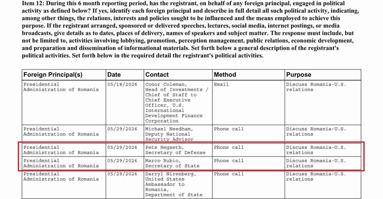 DOCUMENT Lobbyștii angajați de Nicușor Dan să-i ″deschidă uși″ la Washington i-au sunat de câte 2 ori pe Rubio și Hegseth. Câți bani le-a plătit Cotroceniul consultanților