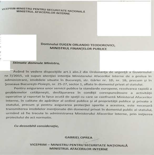 DOCUMENT După demisia lui Oprea, Internele își retrag cererea de preluare a imobilelor lui Voiculescu