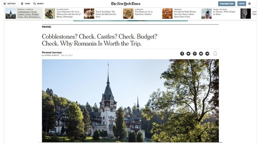 O vacanță în România, relatată în The New York Times: O destinație mai avantajoasă față de alte țări din Europa. "Am ignorat șoferii agresivi la depășire, am avut grijă să evităm excrementele de urs care erau cam peste tot"