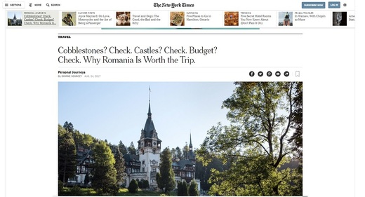 O vacanță în România, relatată în The New York Times: O destinație mai avantajoasă față de alte țări din Europa. "Am ignorat șoferii agresivi la depășire, am avut grijă să evităm excrementele de urs care erau cam peste tot"