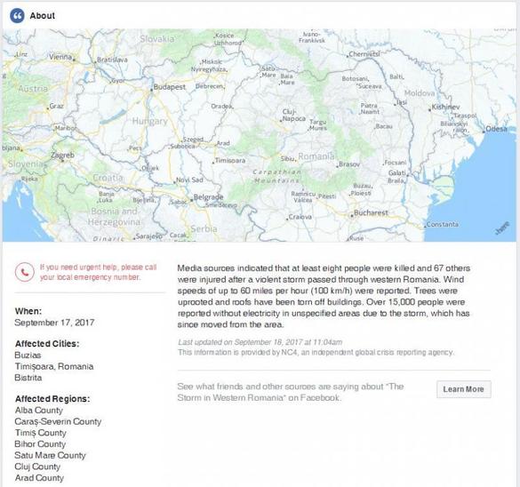 FOTO Facebook a lansat în premieră funcția”Safety Check” pentru România, după furtuna puternică din vestul țării