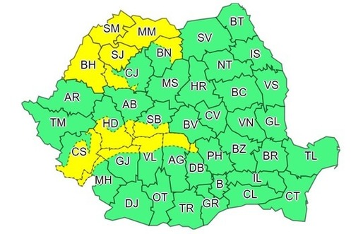 Avertizare cod galben de vreme severă pentru 15 județe din vestul, nord-vestul și centrul țării