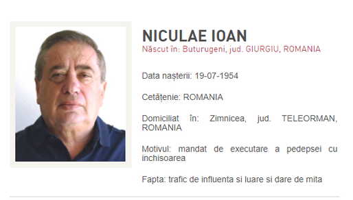 Ioan Niculae, dat în urmărire după condamnarea la cinci ani de închisoare. Polițiștii nu l-au găsit acasă