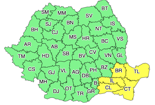 Cod galben de ploi în Brăila, Călărași, Constanța, Ialomița și Tulcea
