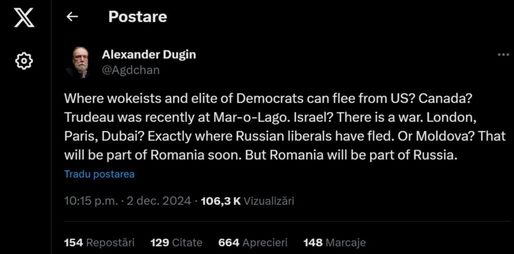 Postare pe un cont de X atribuit ideologului lui Putin, Alexandr Dughin: România va fi parte a Rusiei. Replica MAE