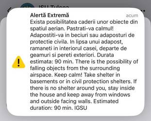 ULTIMA ORĂ Mesaj RO-Alert în Tulcea. Există posibilitatea căderii unor obiecte din spațiul aerian