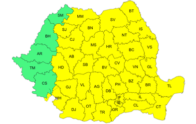 Aproape toată România e sub Cod galben de averse torențiale și vijelii până sâmbătă dimineața