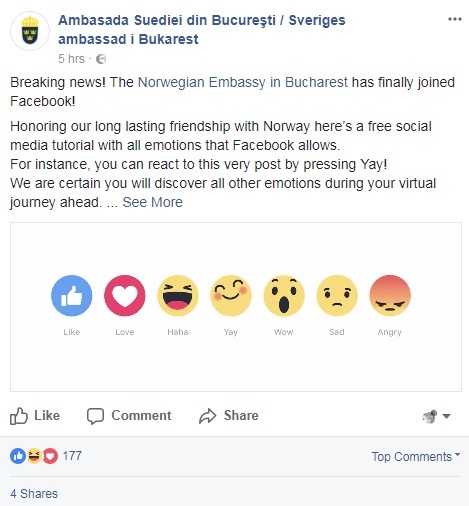 FOTO Ironii diplomatice pe terenul Bucureștiului: Ambasada Norvegiei și-a deschis cont de Facebook, Ambasada Suediei ironizează