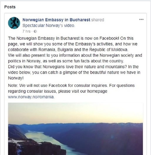 FOTO Ironii diplomatice pe terenul Bucureștiului: Ambasada Norvegiei și-a deschis cont de Facebook, Ambasada Suediei ironizează