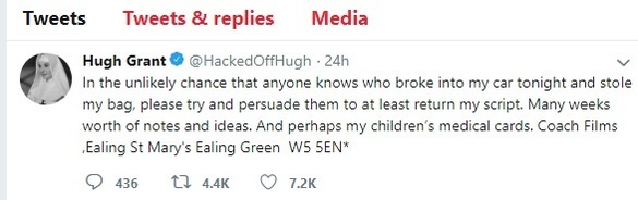 Inedit: Actorul Hugh Grant apelează la fanii de pe Twitter pentru a găsi un scenariu care i-a fost furat