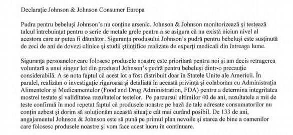 Johnson & Johnson retrage de pe piață peste 30.000 de flacoane de pudră de talc din cauza posibilei contaminări cu azbest UPDATE Reacția companiei